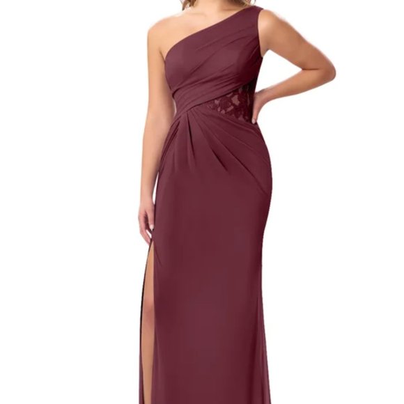 One Shoulder Bridesmaids Dress with Slit David's Bridal Wine Burgundy Lace Side - Picture 1 of 15